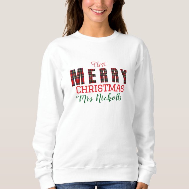 Sudadera FELIZ Sra. Royal Stewart Rojo 1er Plaid de Navidad (Anverso)