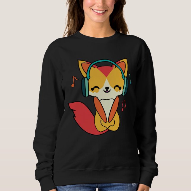 Sudadera Feliz zorro con auriculares escuchando música. (Anverso)