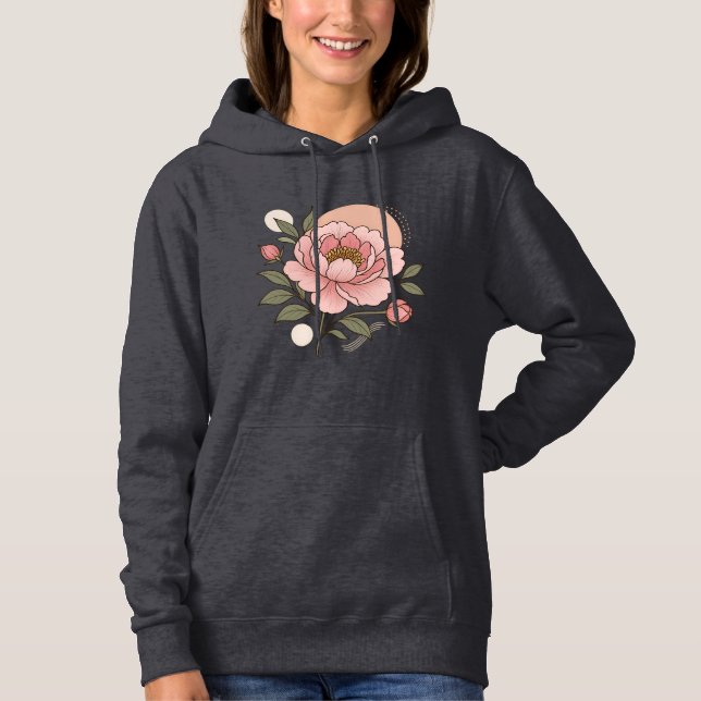Sudadera femenina de arte botánico de peonía rosa  (Anverso)