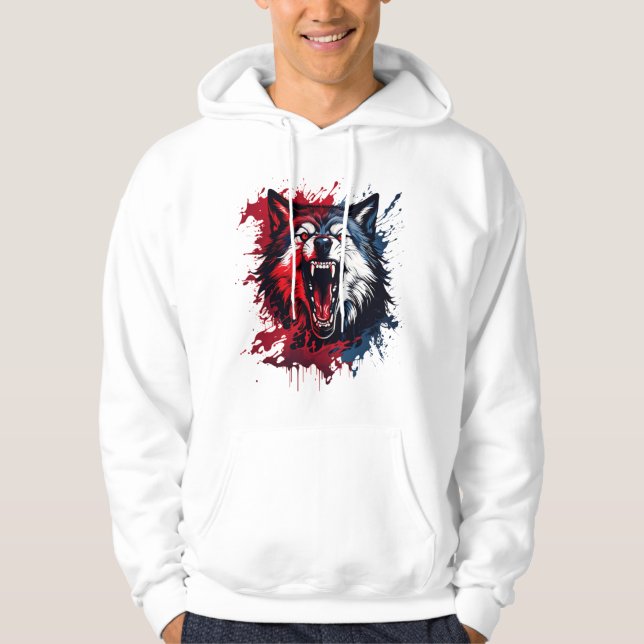 Sudadera Fierce Alpha Wolf - Arte de pizarra roja y azul |  (Anverso)