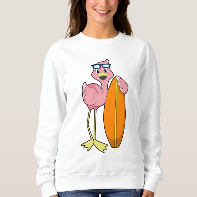 Sudadera Flamingo como surfista con Surfboard.PNG (Anverso)
