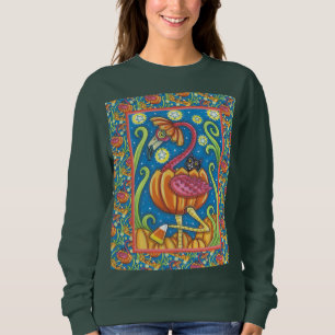 SUDADERA FLAMINGO ROJO DE HALLOWEEN Y GATO NEGRO EN PUMPKIN