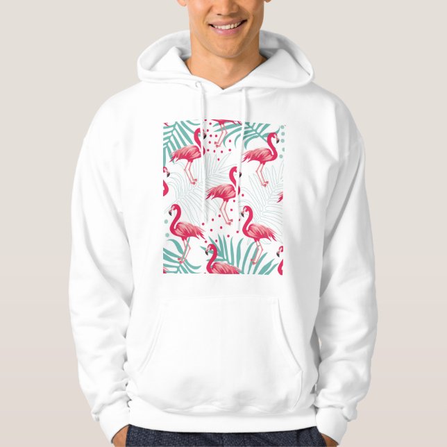 Sudadera Flamingo y hojas tropicales, patrón de verano. (Anverso)