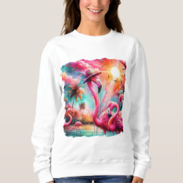Sudadera Flamingos rosados tropicales Palmeras Agua Verde a