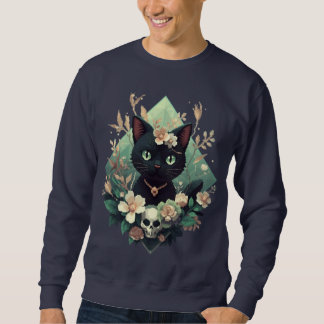 Sudadera Floral Black Cat Skull Pixel Art para Halloween