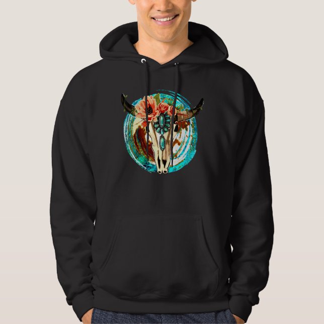 Sudadera Floral Boho Bull Skull Turquoise Gemstone Occident (Anverso)