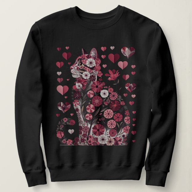 Sudadera Floral Cat of Love – Romantic Pink Botanical Kitty (Anverso del diseño)