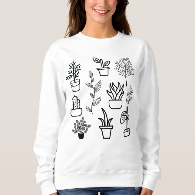 Sudadera Flores dibujadas a mano Doodles Plantas blancas y  (Anverso)