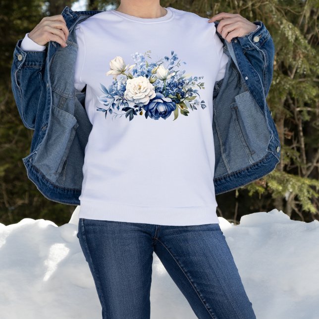 Sudadera Flores Florales Blancas Azules Acuarela (Blue White Watercolor Floral Flowers on White Sweatshirt)