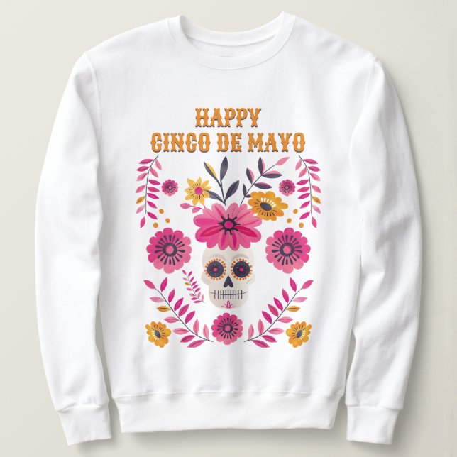 Sudadera Flores mexicanas de cráneo de azúcar felices Cinco (Anverso del diseño)