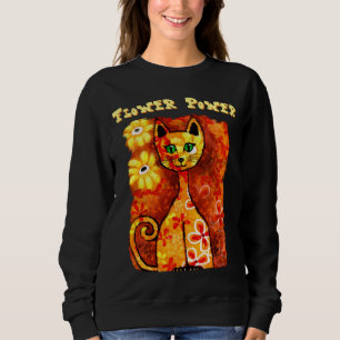 Sudadera Flower Power Retro Whimsical Cat Kitty Naranja Roj