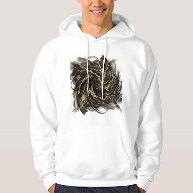 Sudadera Flujo de Tinta de Mármol Abstracto de Oro y Negro  (Anverso)