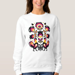Sudadera Folclore con gallos negros, rosas y amarillos