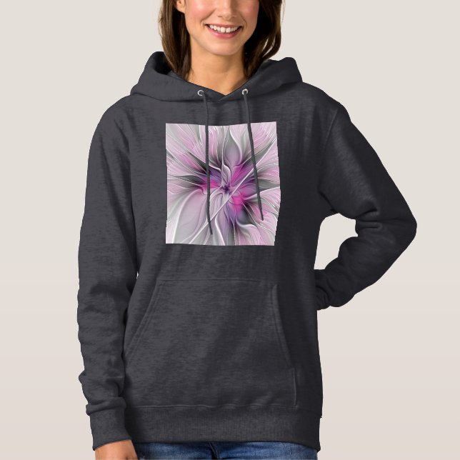 Sudadera Fractal Floral Moderno Abstracto Flor Rosa Gris (Anverso)