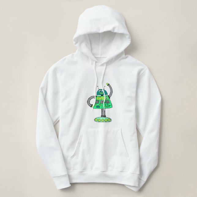 Sudadera Frankie robot, verde sobre blanco (Diseño del anverso)