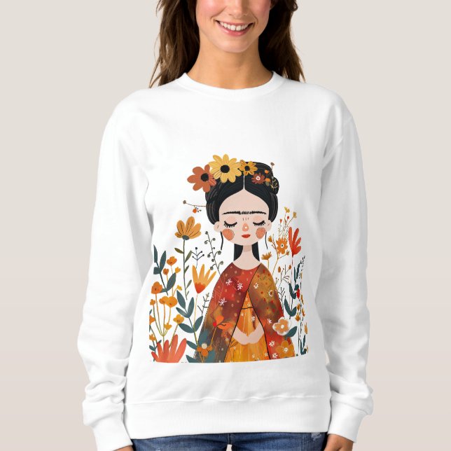 Sudadera Frida Kahlo con flores de color acuático (Anverso)