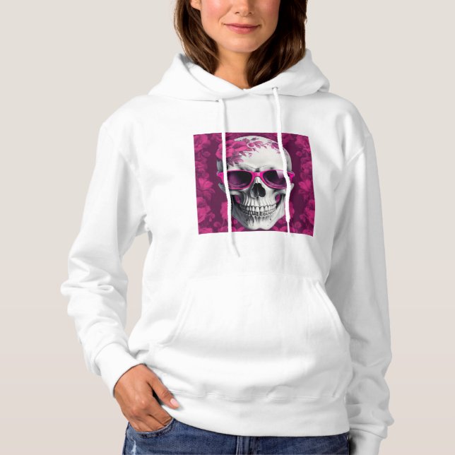 Sudadera Fuchsia Floral 3D Cráneo Muerto usando gafas de so (Anverso)
