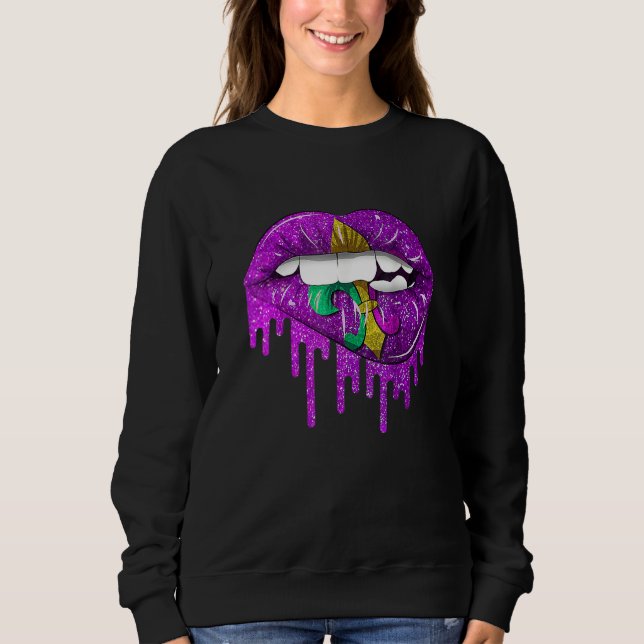 Sudadera Funny Mardi Gras Carnival Purple Gold Lips Dripped (Anverso)