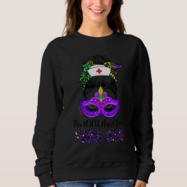Sudadera Funny Nicu Enfermera Leopard Messy Bun Mardi Gras  (Anverso)