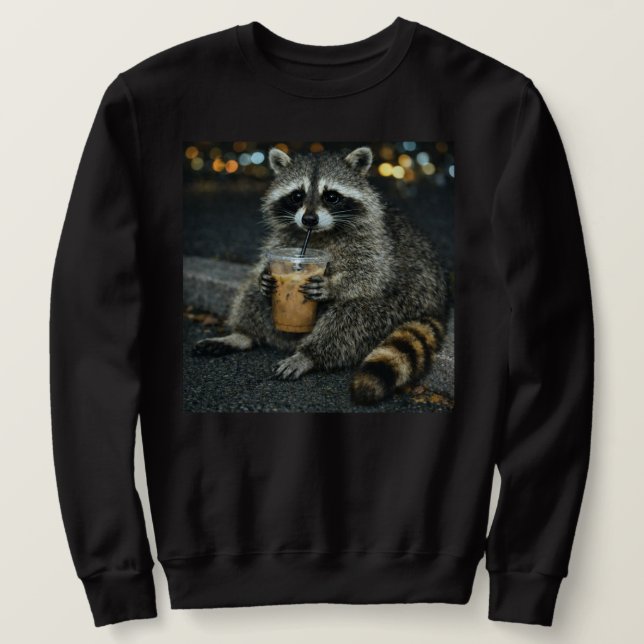 Sudadera Funny Raccoon Drinking Iced Coffee — Cute Animal  (Anverso del diseño)
