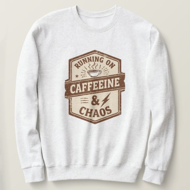 Sudadera Funny "Running on Caffeine & Chaos" Quote (Anverso del diseño)