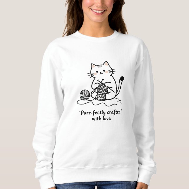Sudadera Gato artístico con ovillo tejiendo simple negro bl (Anverso)