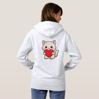 Sudadera Gato Blanco Adorable Abrazando un Corazón Rojo Gra