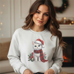 Sudadera Gato Blanco Adorable con Gorro y Bufanda de Santa 