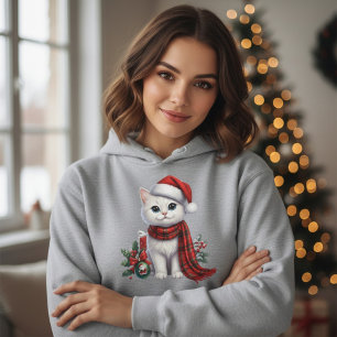 Sudadera Gato Blanco Adorable con Gorro y Bufanda de Santa