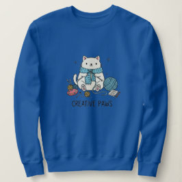 Sudadera Gato Blanco Adorable Tejiendo Hilo Azul Diseño Aco