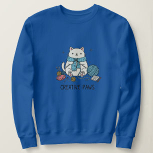 Sudadera Gato Blanco Adorable Tejiendo Hilo Azul Diseño Aco