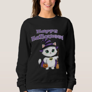 Sudadera Gato bruja blanco lindo feliz Halloween