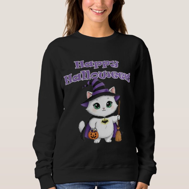 Sudadera Gato bruja blanco lindo feliz Halloween (Anverso)
