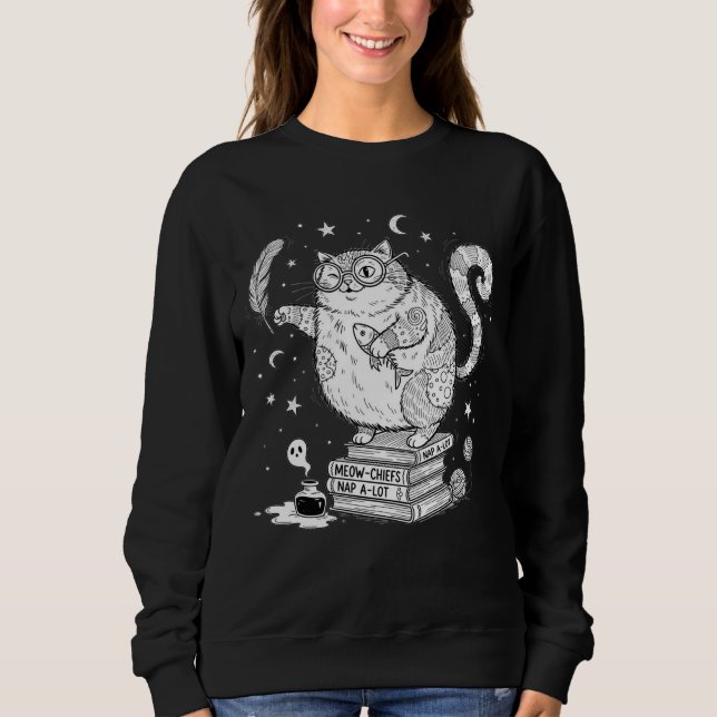 Sudadera Gato Brujo Divertido en Libros  (Anverso)
