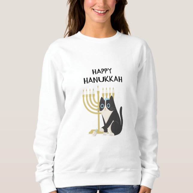 Sudadera gato celebrando hanukkah y jugando con un dreide (Anverso)