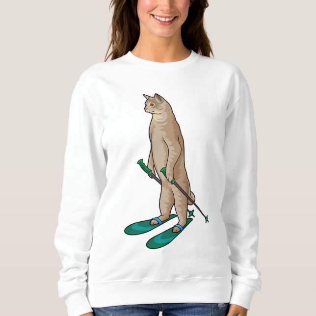 Sudadera Gato como esquiador con bastones de esquí y esquí (Anverso)