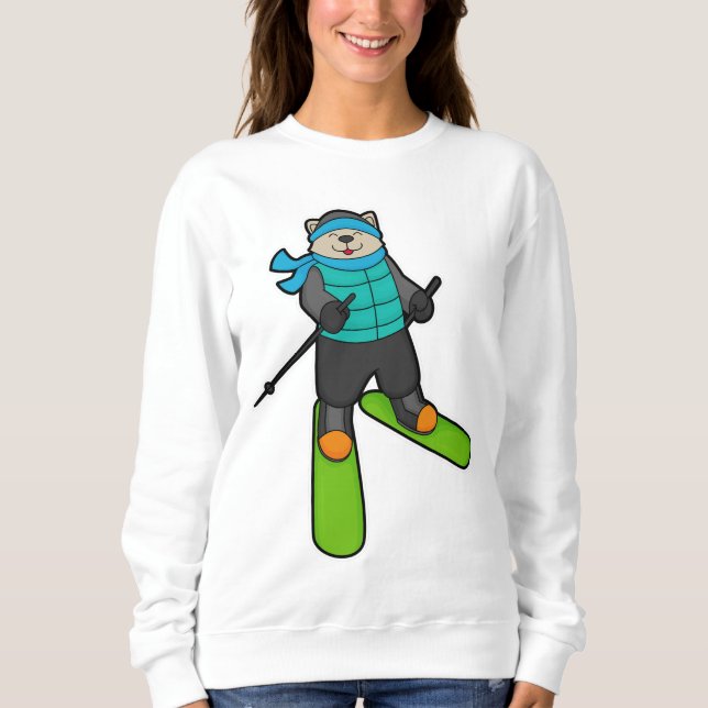 Sudadera Gato como esquiador con esquí (Anverso)