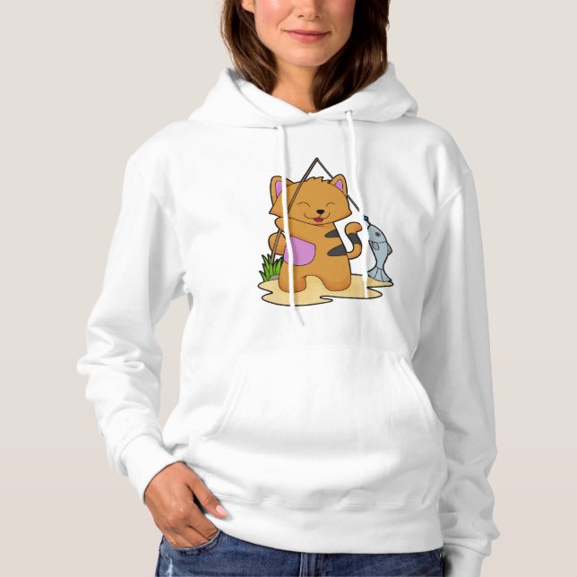 Sudadera Gato como pescador con barra de pesca y pescado (Anverso)