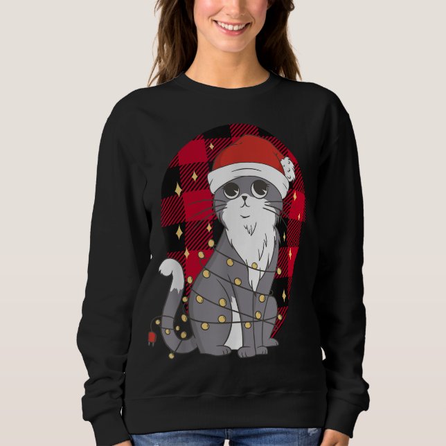 Sudadera Gato Con Luces De Árbol De Navidad, Navidad De Búf (Anverso)