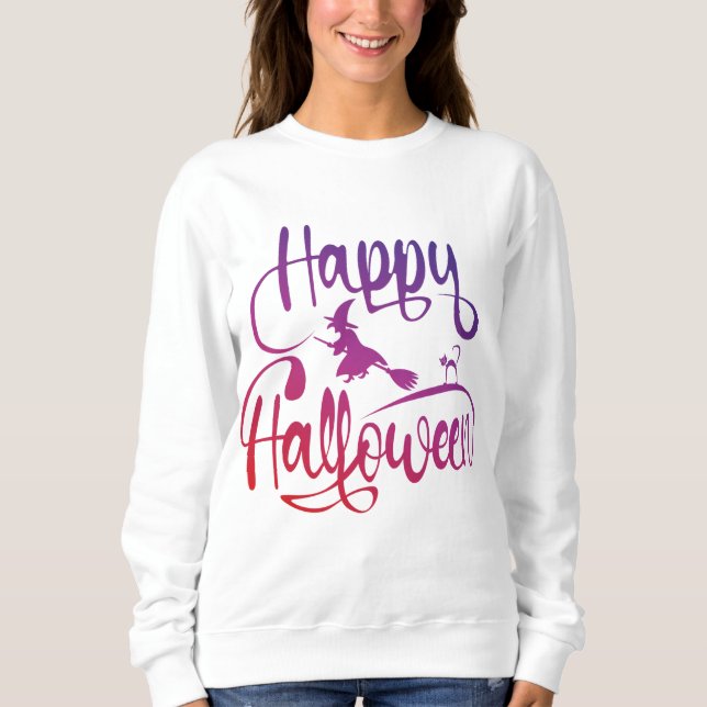Sudadera Gato de bruja voladora feliz gradiente de Hallowee (Anverso)