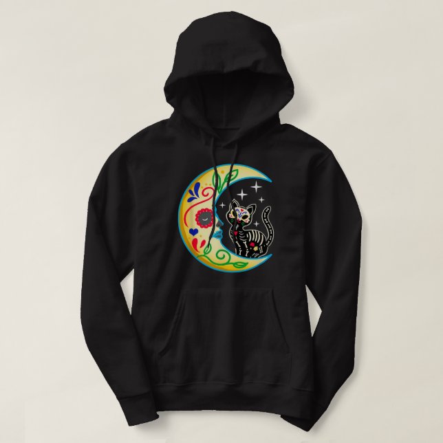 Sudadera Gato De Cráneo De Azúcar Luna Día De Halloween De  (Diseño del anverso)