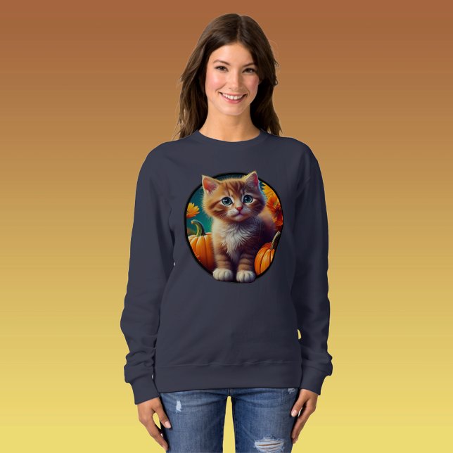 Sudadera Gato de jengibre lindo otoño calabazas femeninas (ginger cat kitten tabby harvest thanksgiving fall autumn cute women's sweatshirt jumper feline gift)