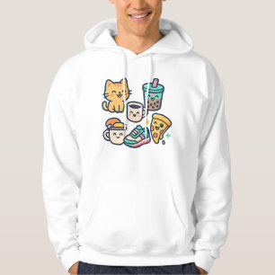 Sudadera Gato de Kawaii, pizza, té de burbujas y café - Div