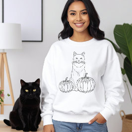 Sudadera Gato De Otoño Con Calabazas Línea Arte Cuto Hallow