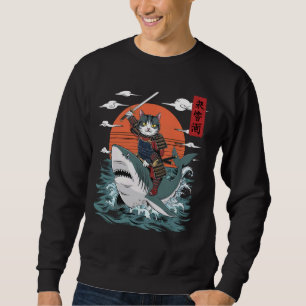 Sudadera Gato de Samurai montando arte japonés de tiburón r