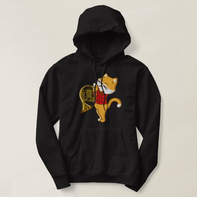 Sudadera Gato Disfrutando El Instrumento De Música Cuerno F (Diseño del anverso)