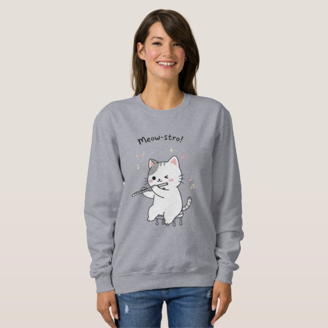 Sudadera Gato Divertido Tocando Flauta Moda Femenina (Anverso completo)
