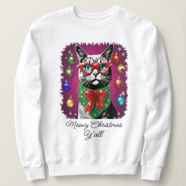 Sudadera Gato en Navidades enciende, Navidades graciosos de (Anverso del diseño)