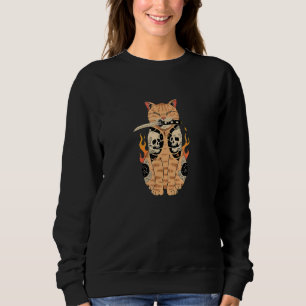 Sudadera Gato japonés con tatuaje de catana y calavera