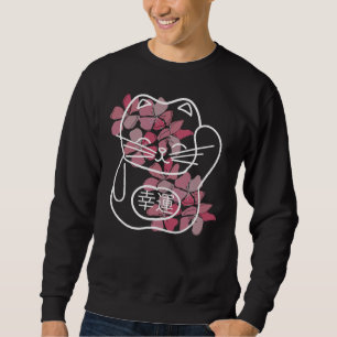 Sudadera Gato japonés de buena suerte con flores rosadas de